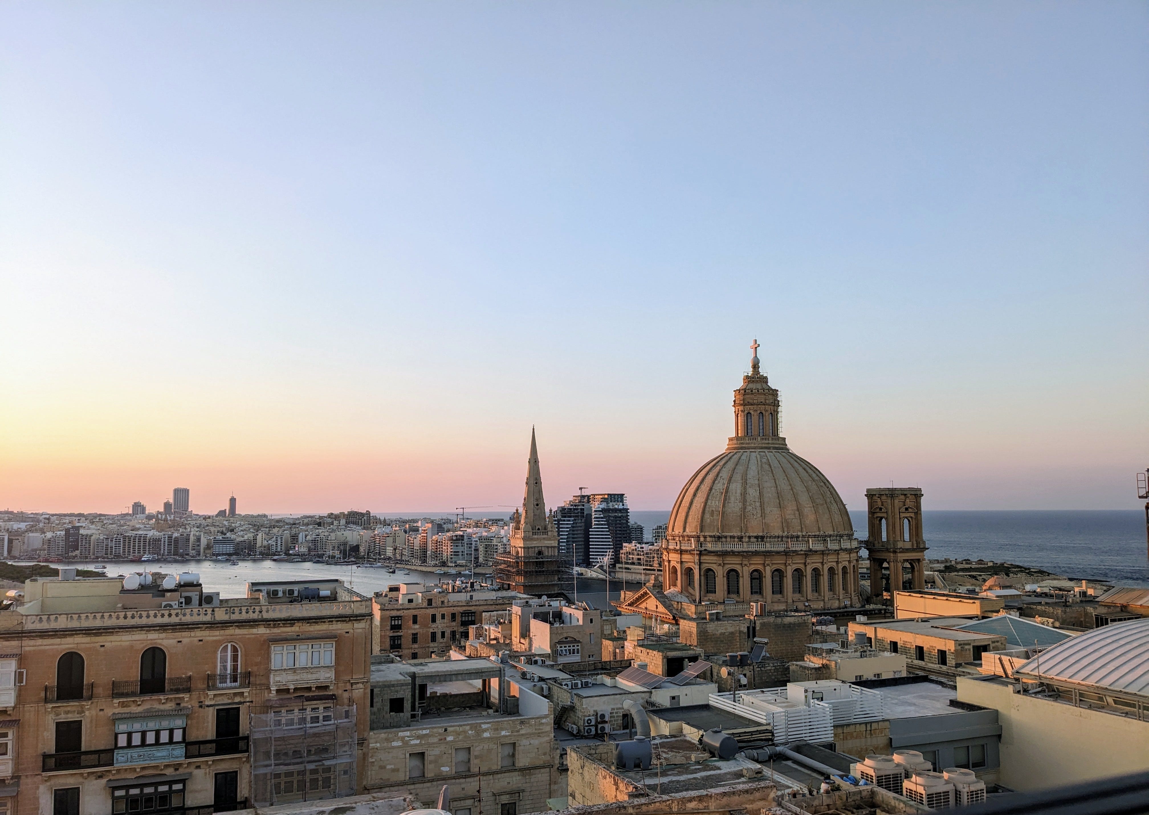 Aerial view of sunrise over Valletta