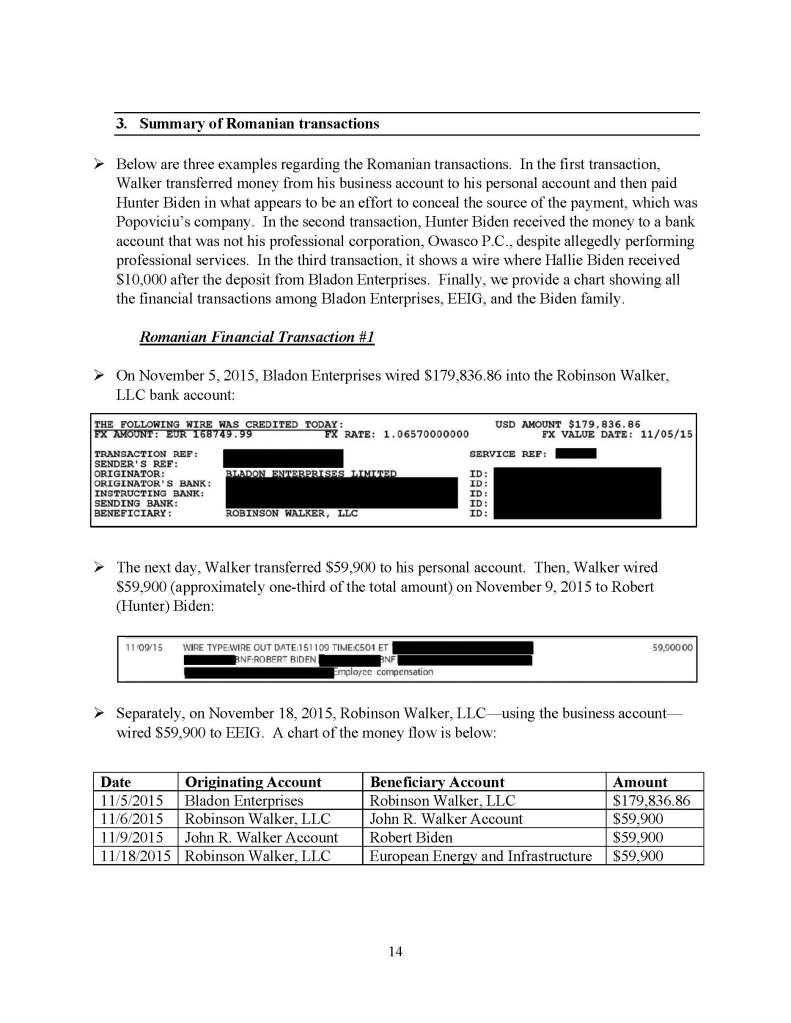 A document page detailing three examples of Romanian financial transactions involving Bladon Enterprises, Robinson Walker, LLC, and Robert Biden, with transaction details and amounts.