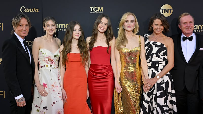 HOLLYWOOD, CALIFORNIA - APRIL 27: (L-R) Keith Urban, Sunday Rose Kidman Urban, Faith Margaret Kidman Urban, Sybella Hawley, Nicole Kidman, Antonia Kidman and Craig Marran attend the 49th AFI Life Achievement Award Gala Tribute Celebrating Nicole Kidman at Dolby Theatre on April 27, 2024 in Hollywood, California.