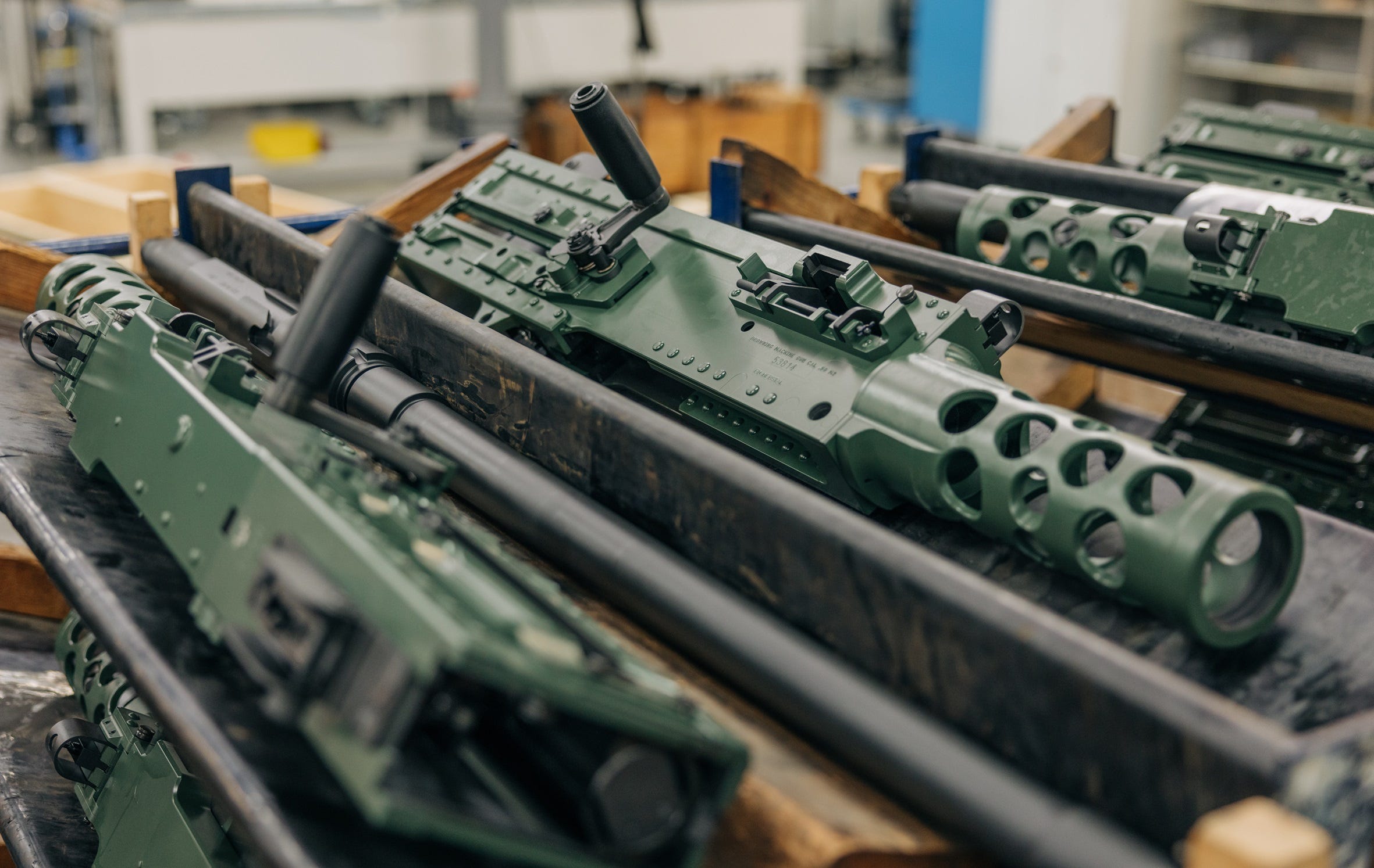 Receivers for the M2 are laid on racks at a factory in Herstal.