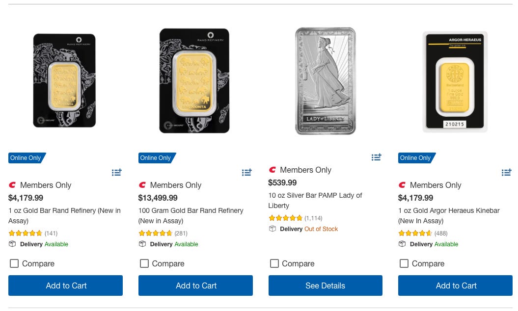Costco.com precious metals offerings on October 8, 2025.