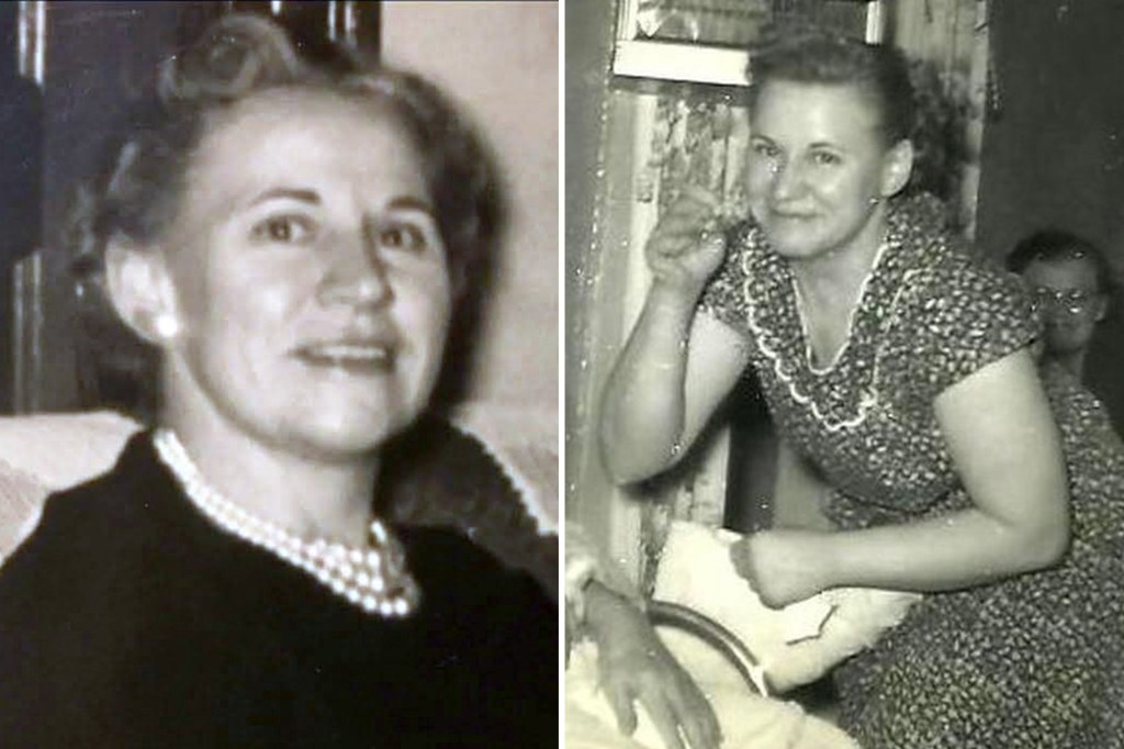 Collage of two black and white photos of an older woman.
