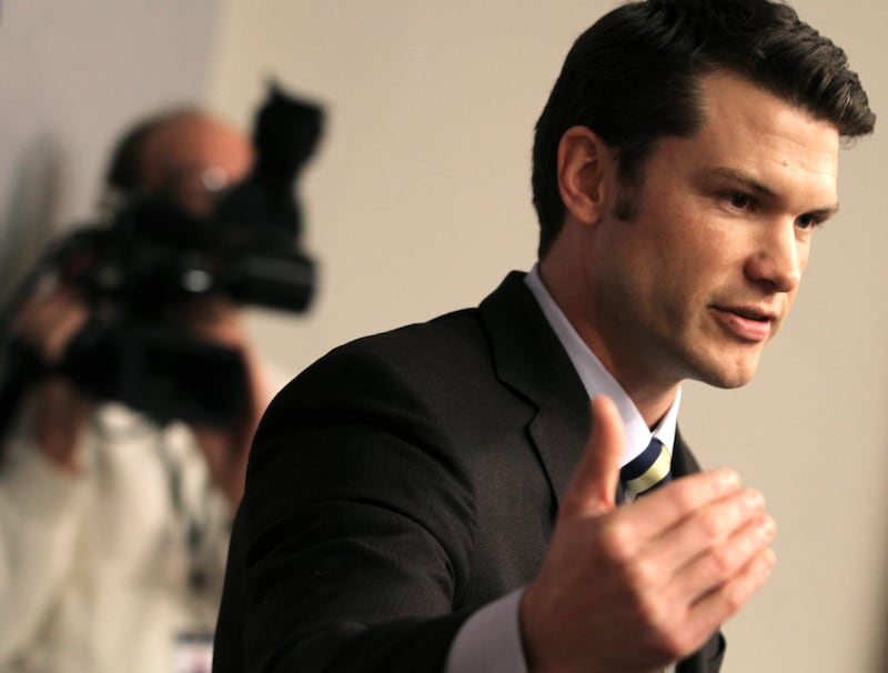 Republican Pete Hegseth officially announced he is running against Senator Amy Klobuchar during a press conference on March 1, 2012.
