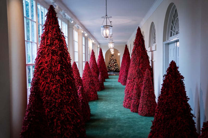 WASHINGTON, DC - JANUARY 6 : Trees line the East Colonnade during the White House Christmas preview in the East Wing of the White House on Monday, Nov. 26, 2018 in Washington, DC. (Photo by Jabin Botsford/The Washington Post via Getty Images)