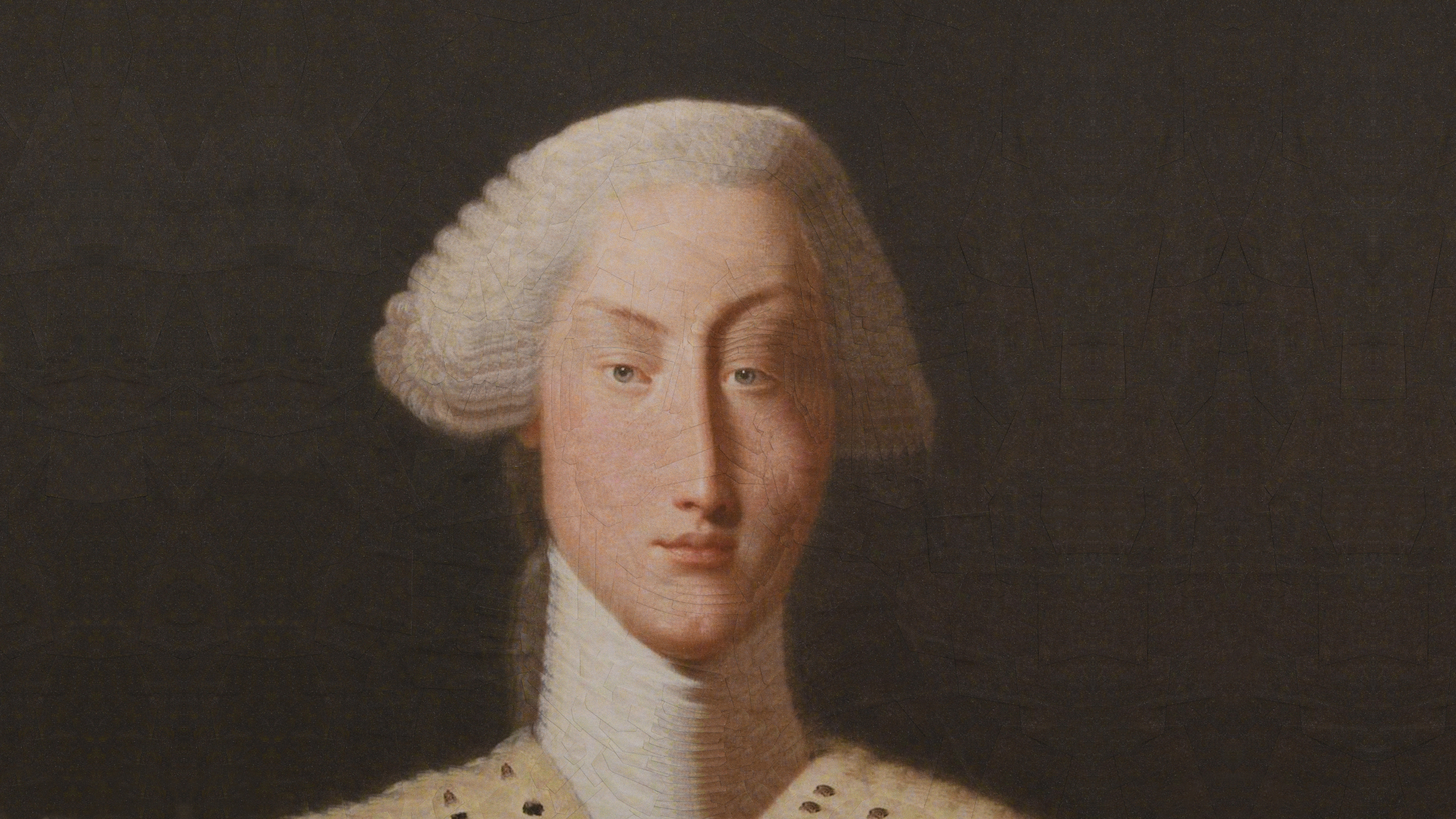 Illustration of King George III as young man with powdered wig and arched eyebrow in the style of an oil painting