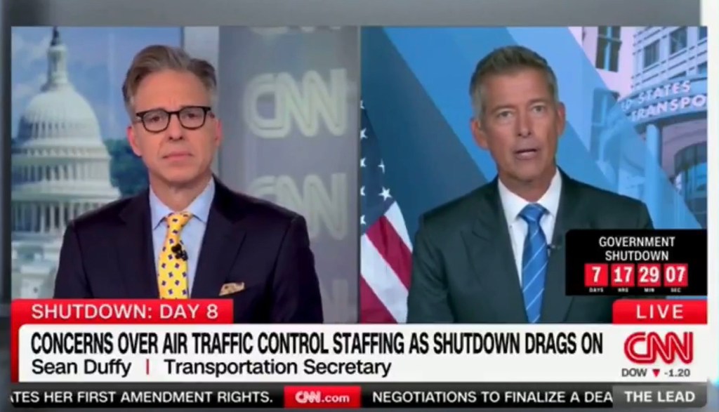 Sean Duffy, identified as a transportation secretary, is featured on CNN discussing a government shutdown that is affecting air traffic control staffing.