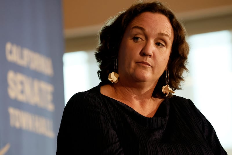 Rep. Katie Porter speaks at a town hall hosted by the advocacy group March For Our Lives at East LA College. (