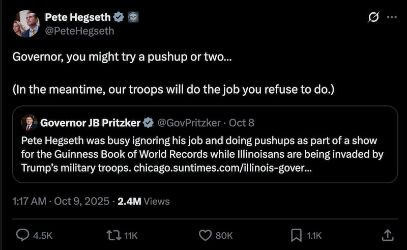 A post from Pete Hegseth telling Illinois Gov. JB Pritzker to "try a pushup or two."