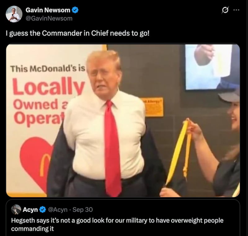 An X post in which Gavin Newsom responds to news that Hegseth's says it's