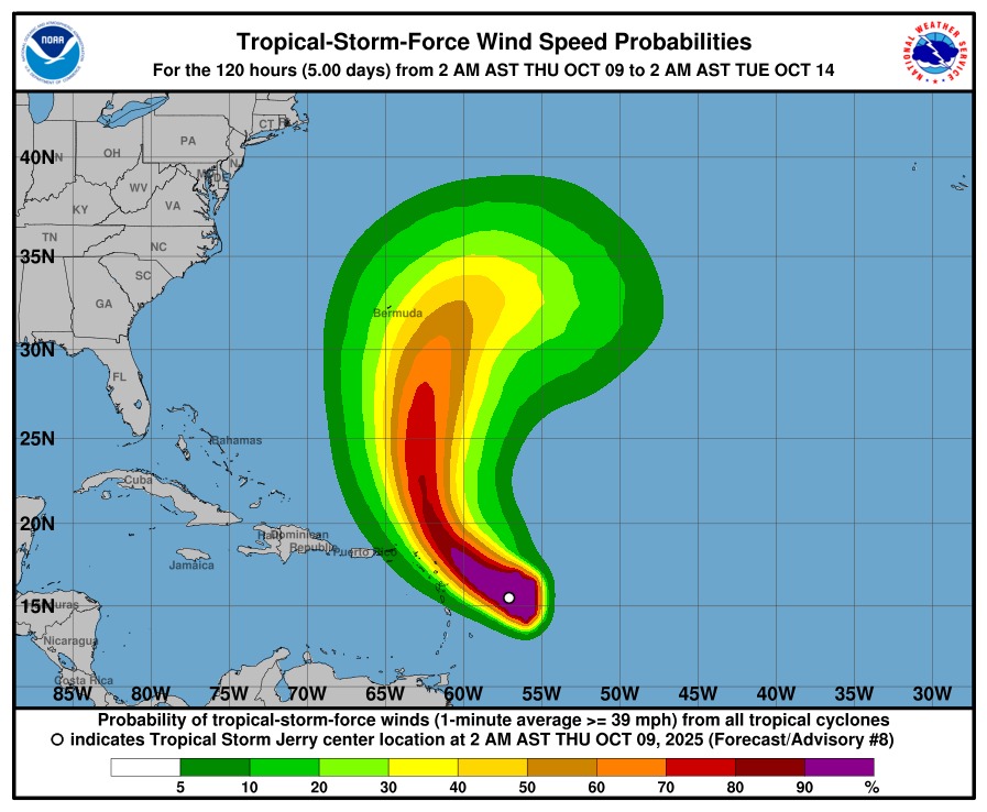 Tropical Storm Jerry intensified in the Atlantic as it moved toward the Leeward Islands, forecasters said early Thursday.