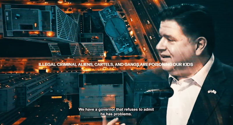 Illinois Gov. J.B. Pritzker was attacked in the White House video that featured footage of arrests that did not take place in his state, but near the home of Donald Trump, whose voiceover is subtitled in this still.