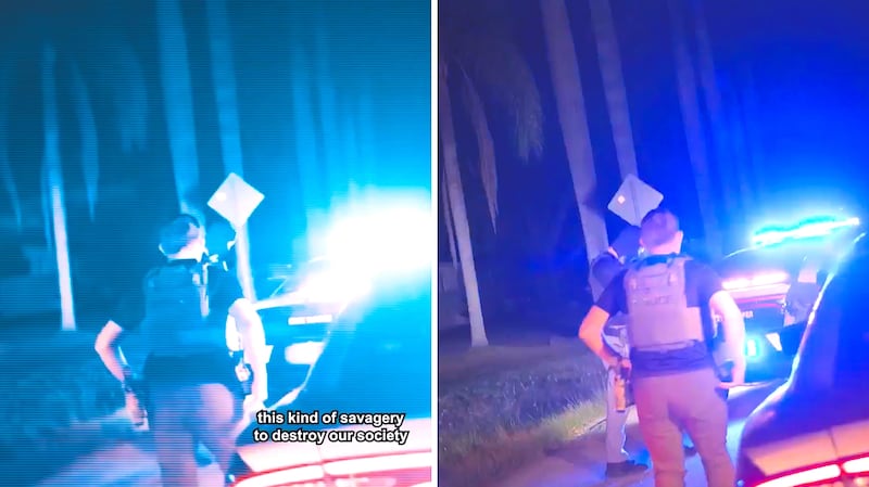 On the left is the White House video featuring a Trump voiceover about "savagery" in Chicago—note the palm trees—while on the right is the actual footage of an arrest in Florida.