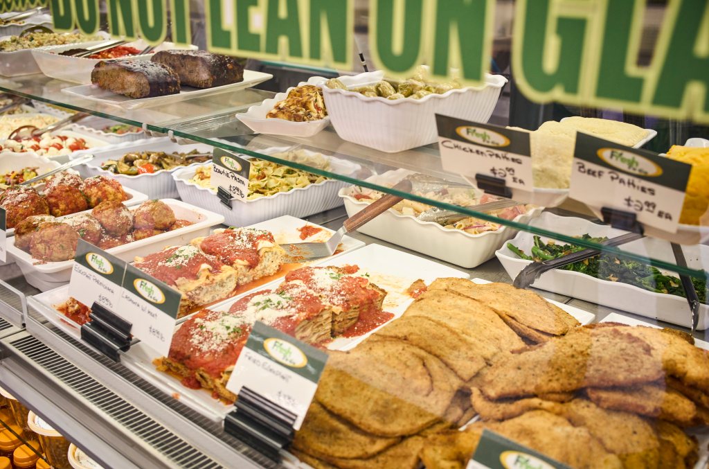 Food in a display case.