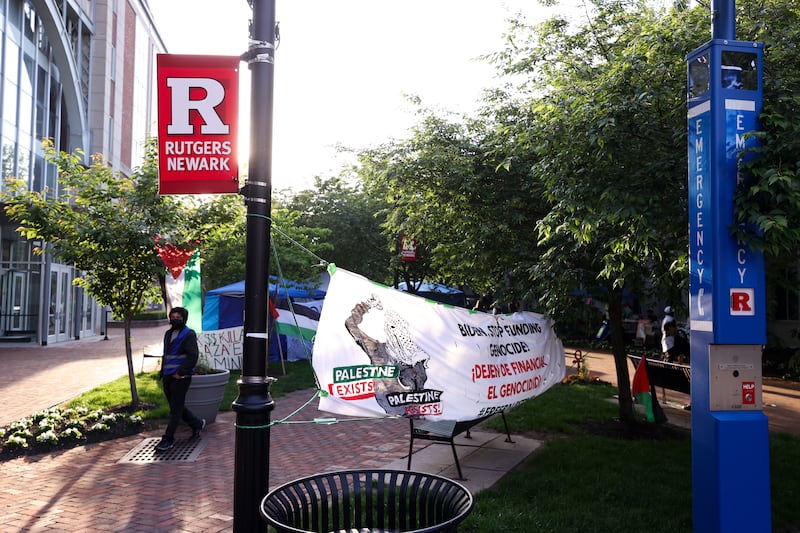 NEWARK, NJ - MAY 21: Students of Rutgers University set up Gaza solidarity encampment at a New Jersey university on the Rutgers-Newark campus in Newark, United States on May 21, 2024.