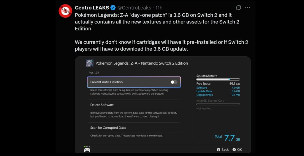 Pokémon Legends Z-A File Size
