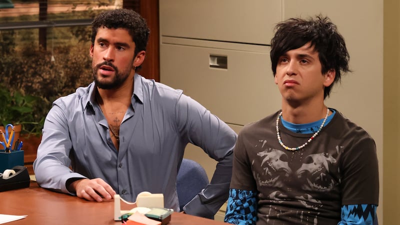SATURDAY NIGHT LIVE -- Episode 1885 -- Pictured: (l-r) Host Bad Bunny and Marcello Hernández during the "Parent Teacher Conference" sketch on Saturday, October 4, 2025 --