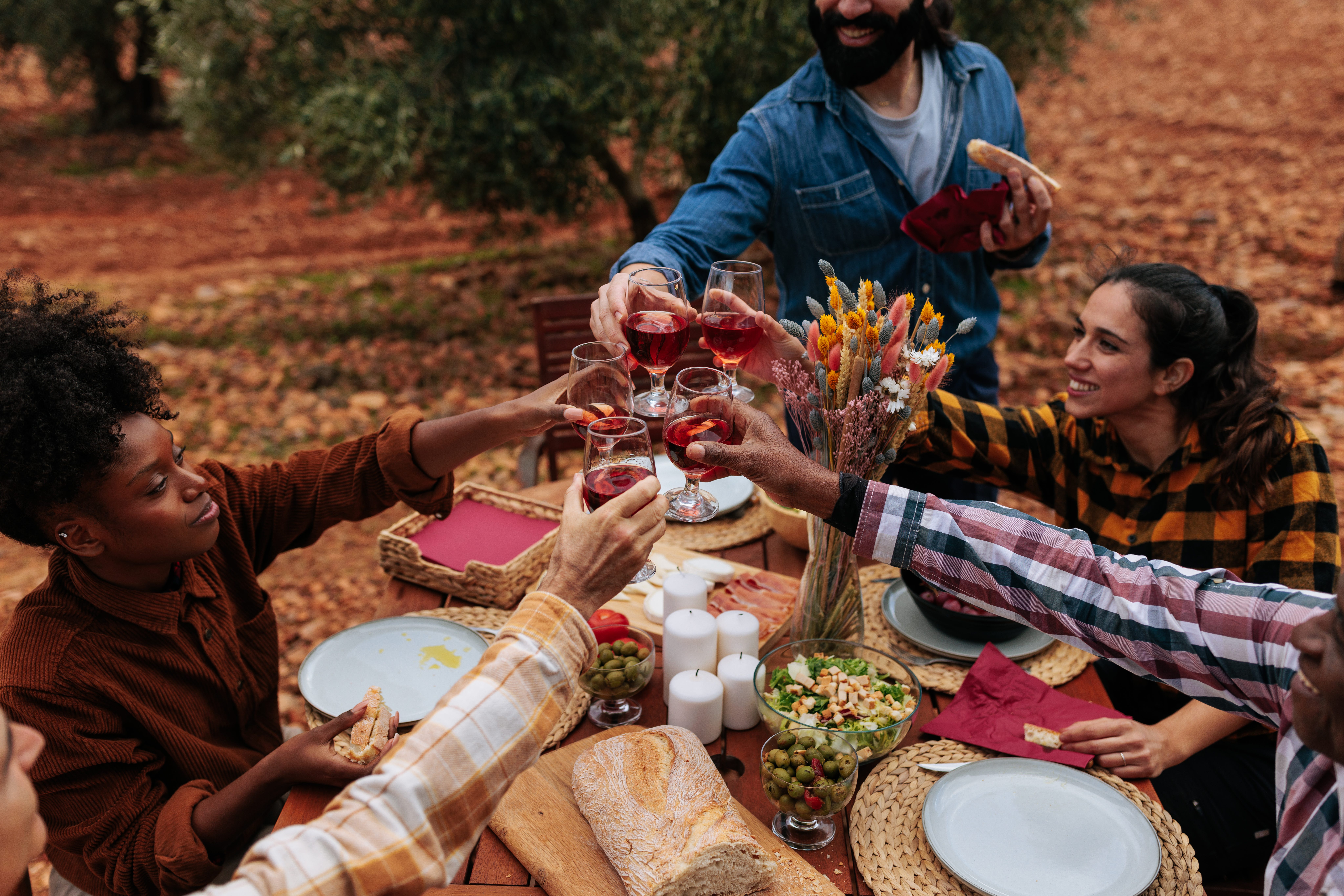 Group of multiracial friends toasting glasses of rose wine at a rustic outdoor picnic table, enjoying food and good company.