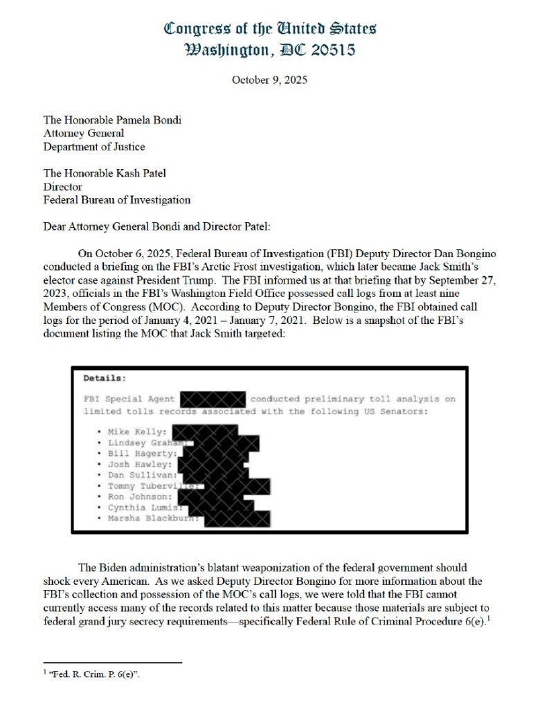 Document from Congress of the United States detailing FBI's 