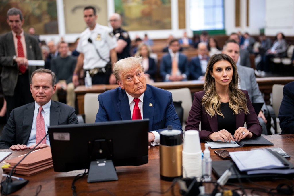 Donald Trump with attorneys Christopher M. Kise and Alina Habba at a civil fraud trial in New York State Supreme Court.