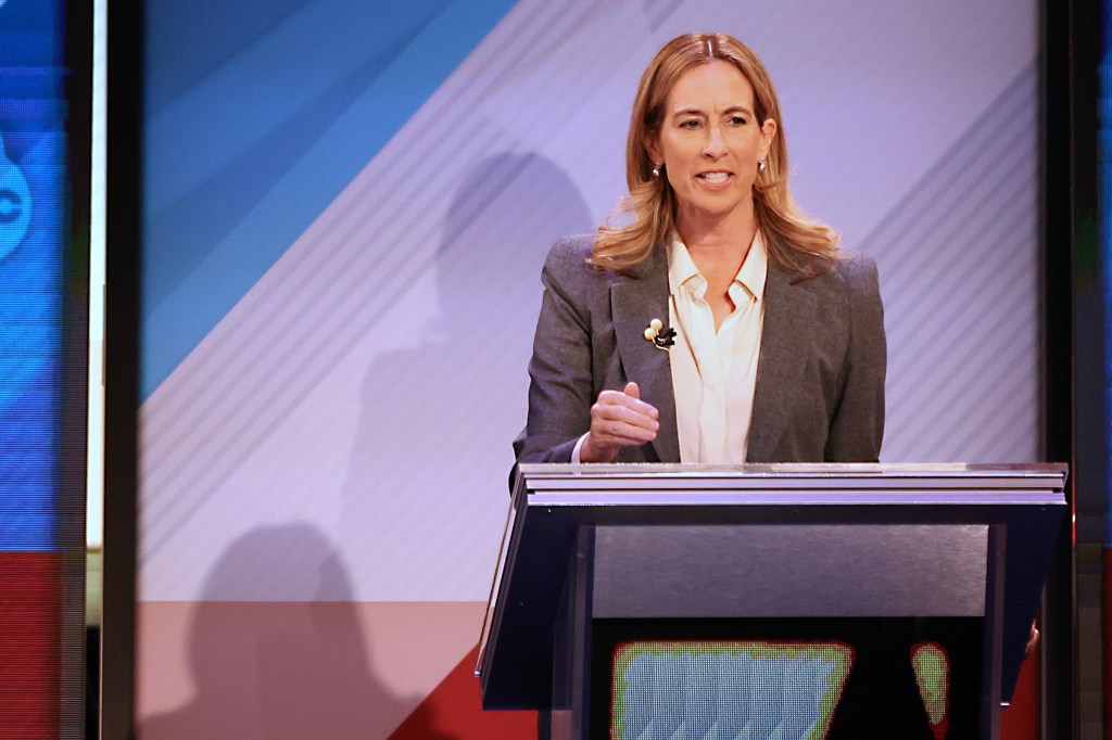 Democrat Mikie Sherrill speaks during the final debate in the New Jersey governor's race with Republican Jack Ciattarelli, Wednesday, Oct. 8, 2025, in New Brunswick, NJ.