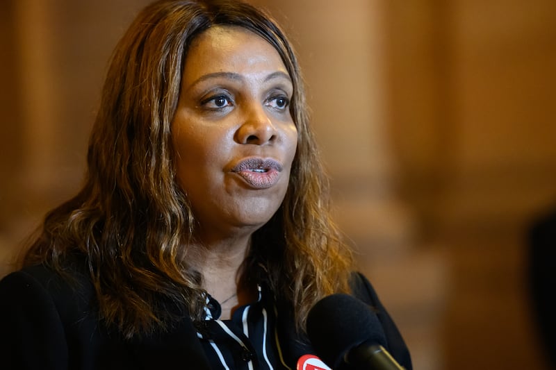New York Attorney General Letitia James speaks during a press conference calling on the Legislature to pass a consumer protection bill on Wednesday, May 21, 2025, at the Capitol in Albany, NY