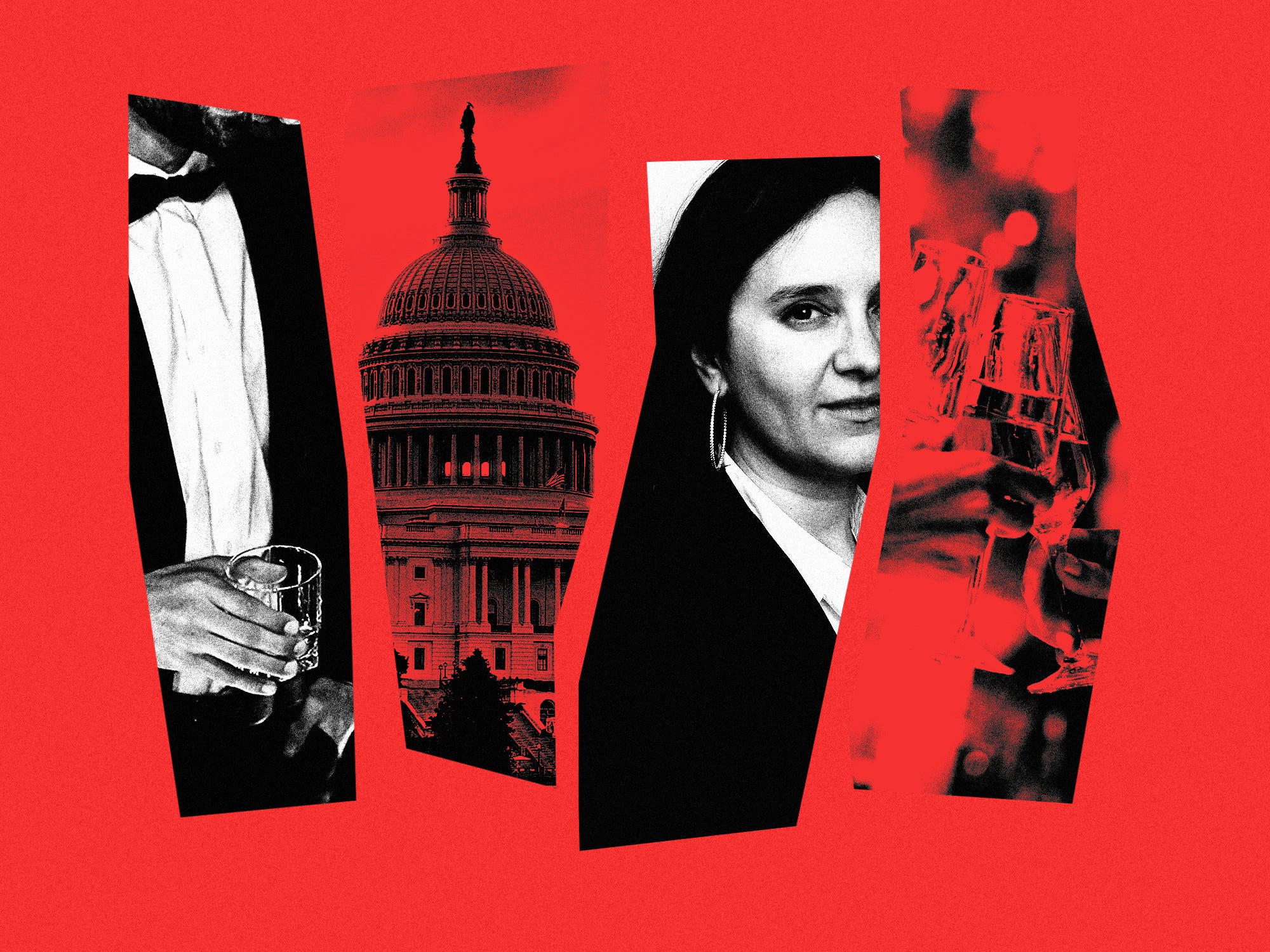 collage of Bari Weiss, partying, and Capitol