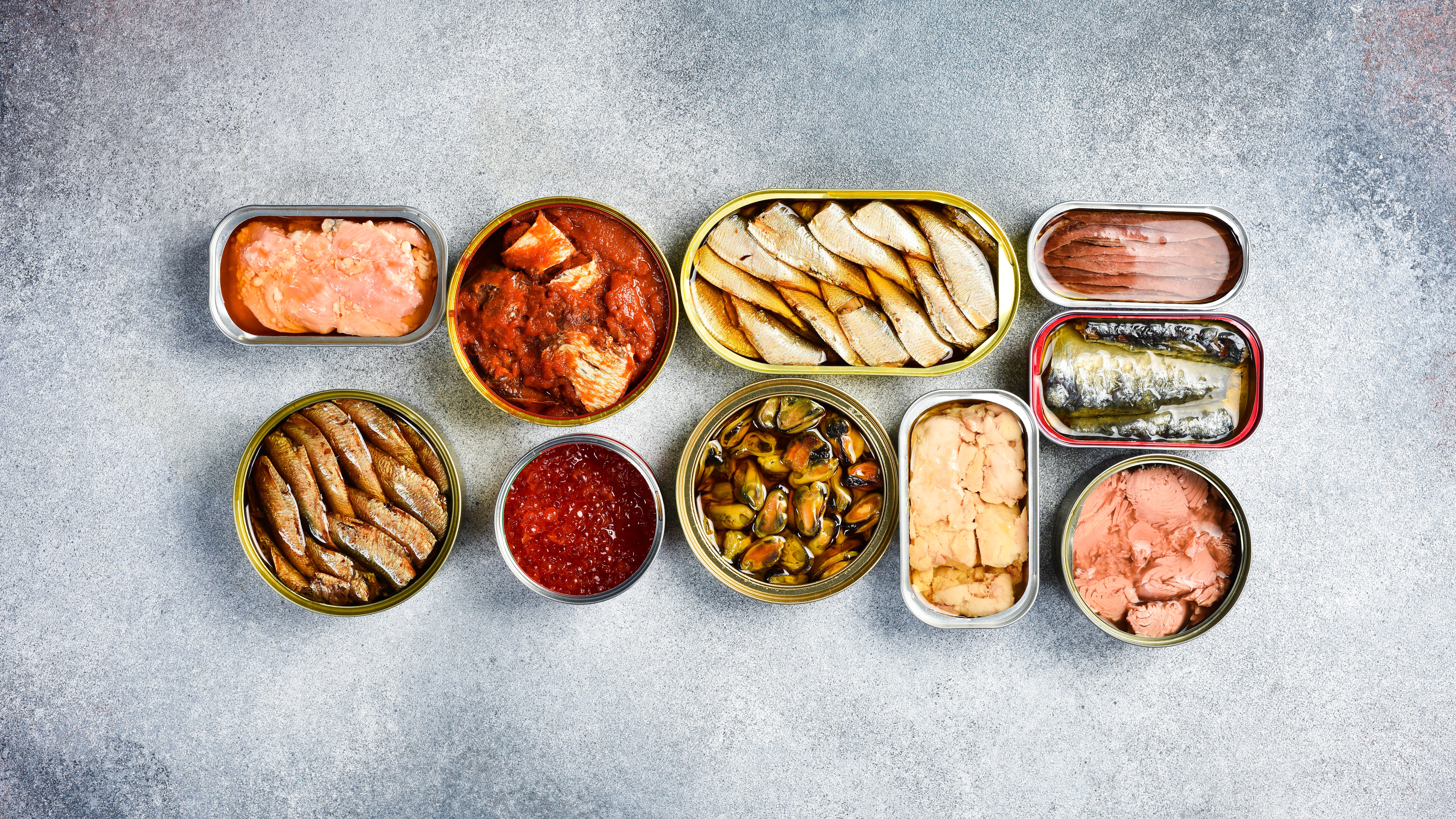 an array of open tins of canned seafood like sardines on a light gray background.