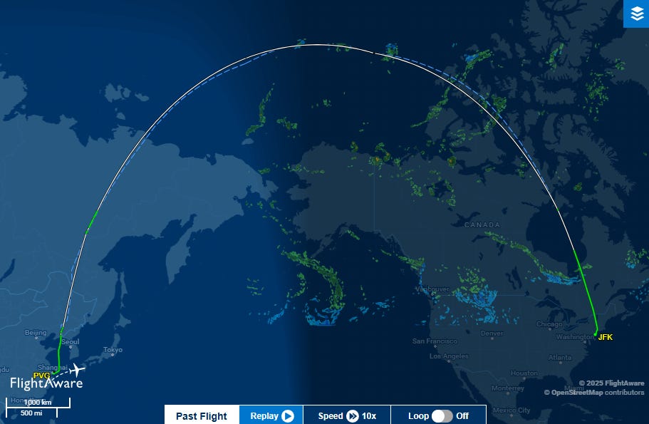Flightaware screenshot showing the JFK-China flight path over Russia.
