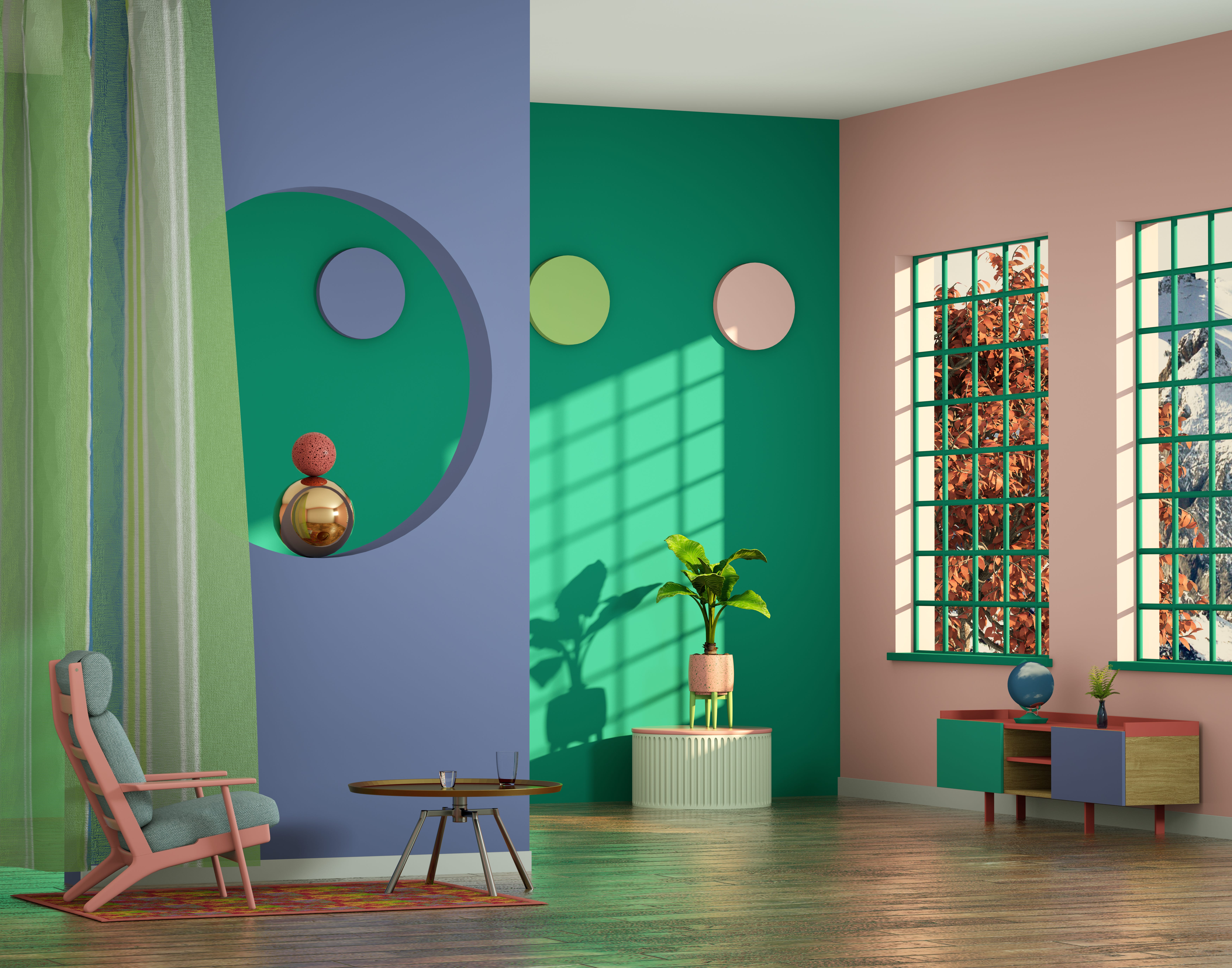 A room painted in three separate colors: purple, green, and pink.