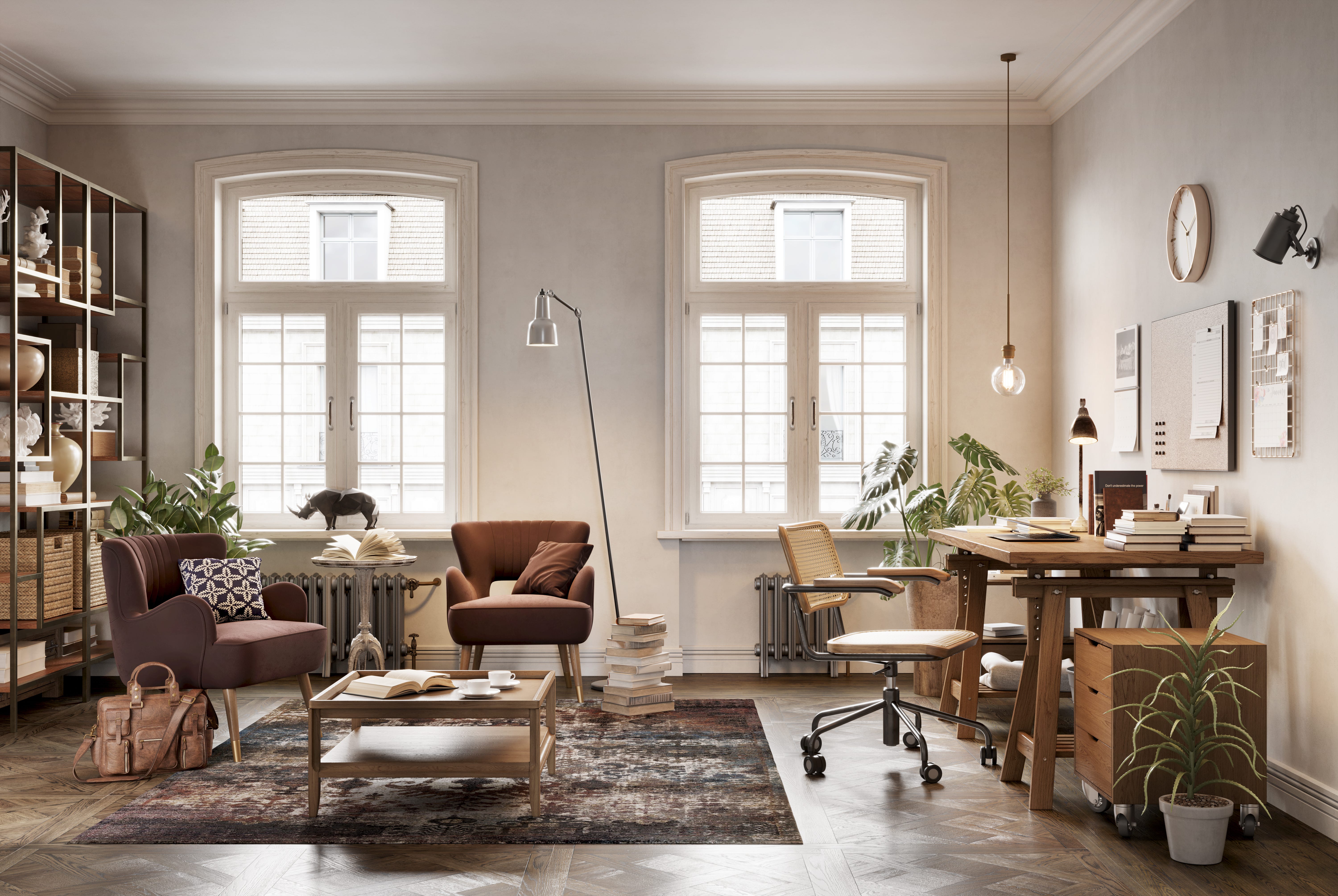 A living room with chairs, a desk, and book bookshelf.
