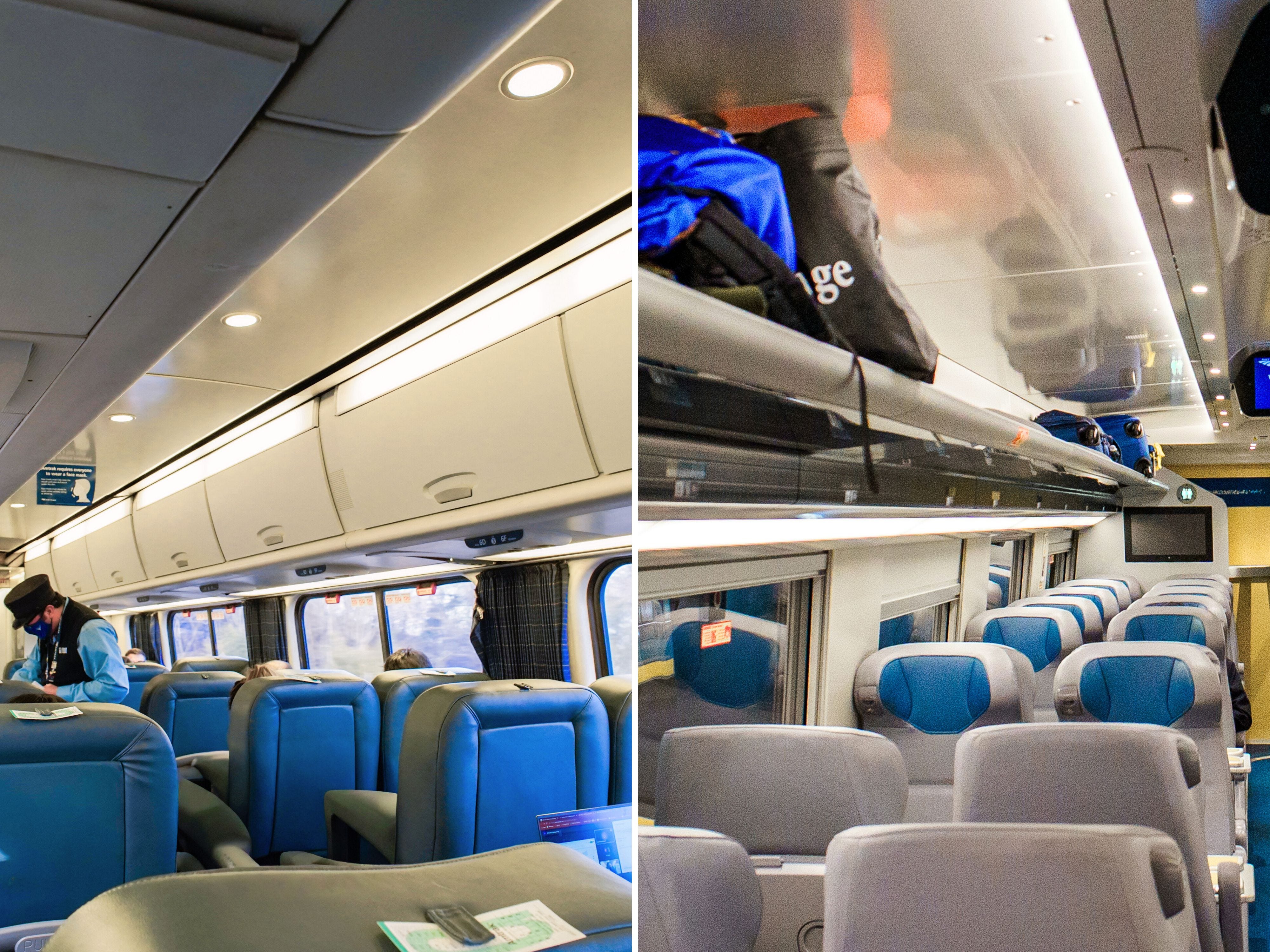 A composite image of seats in business-class cars on old and new Amtrak Acela trains
