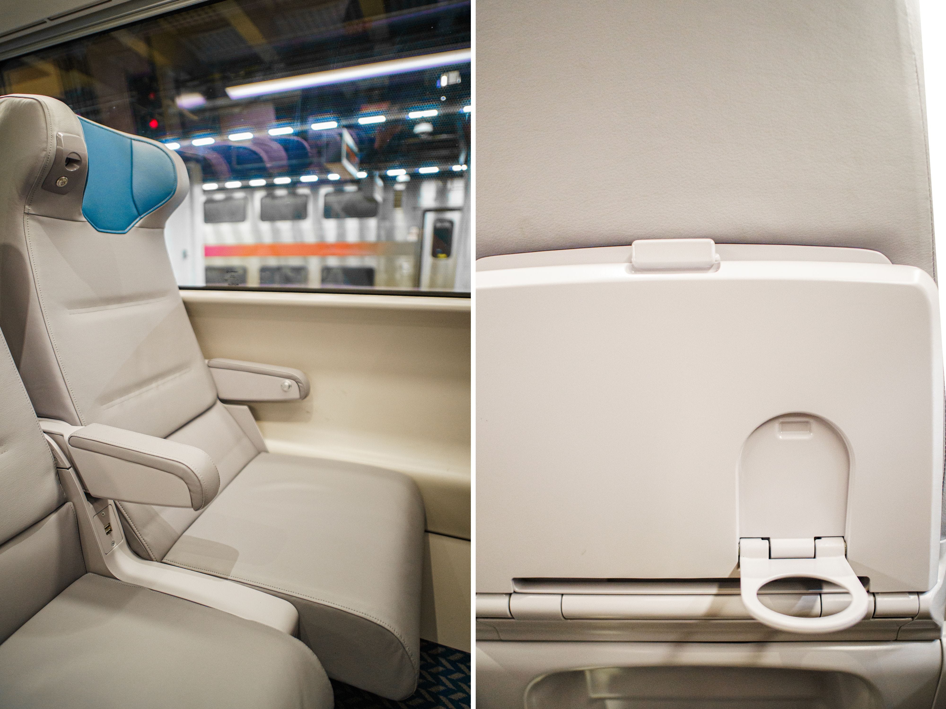 A composite image of a business-class seat on an Amtrak Next Gen Acela train and the seatback with a cupholder on it