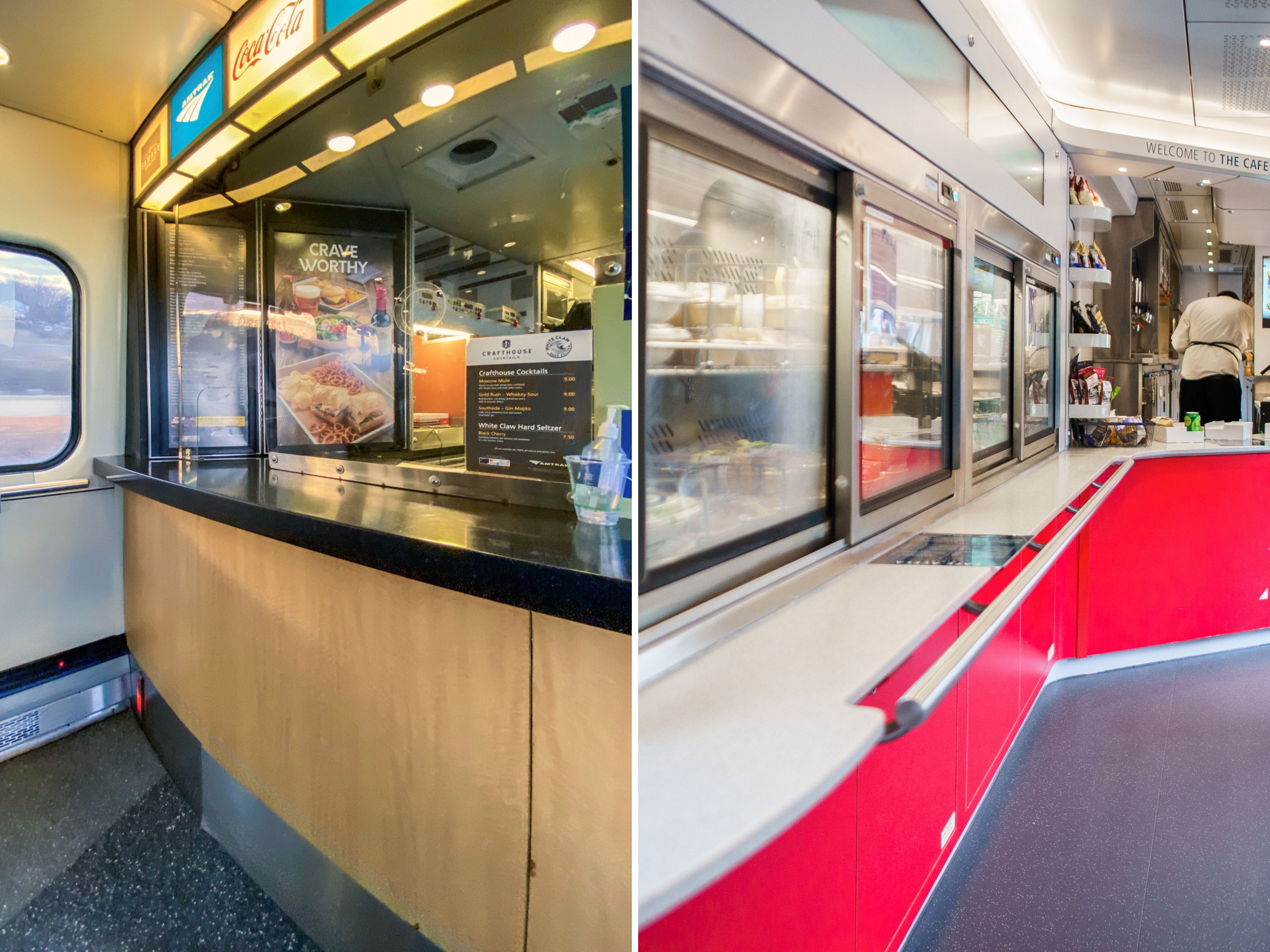 A composite image of cafe cars on the old and new Amtrak Acela trains