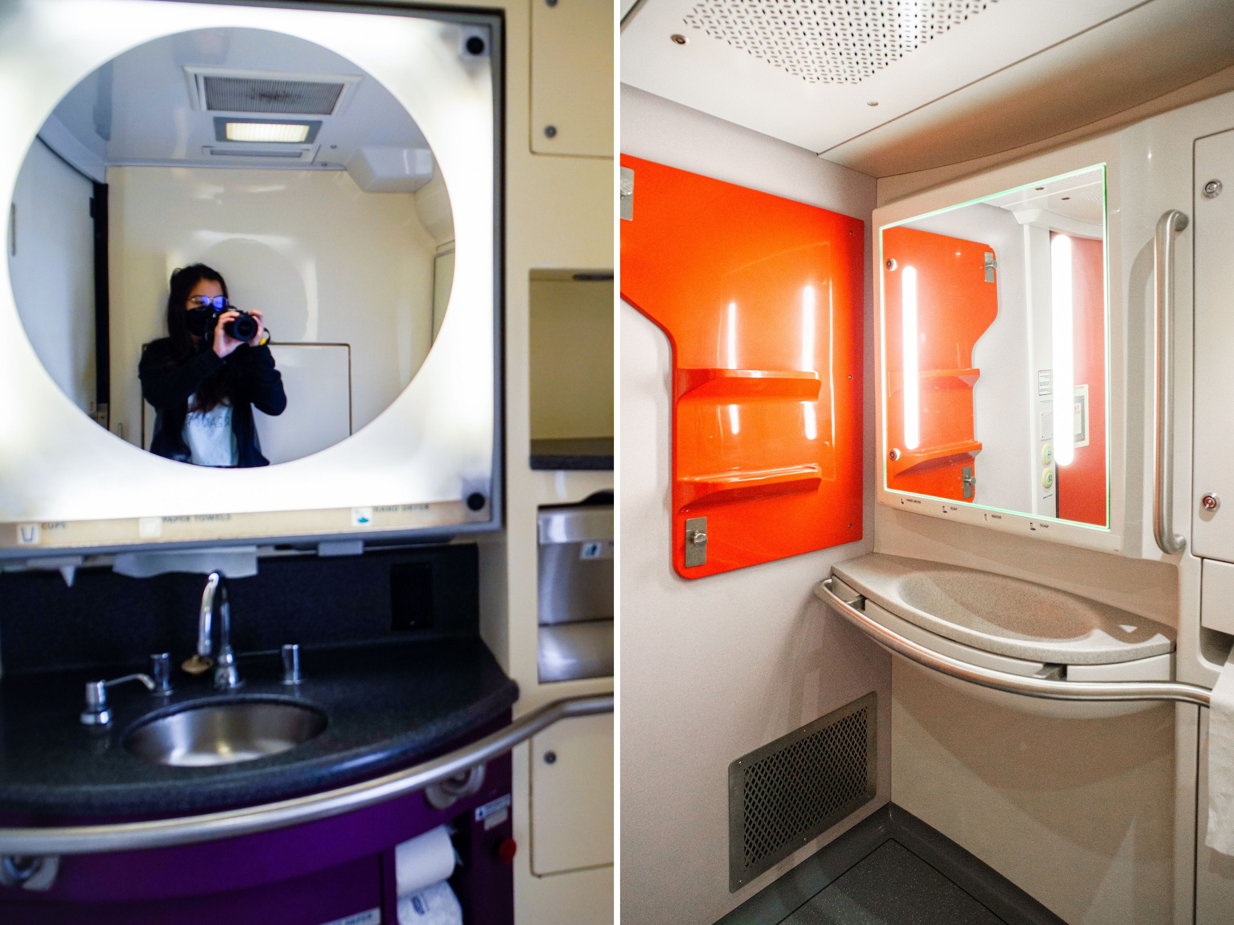 A composite image of business-class bathrooms on old and new Amtrak Acela trains