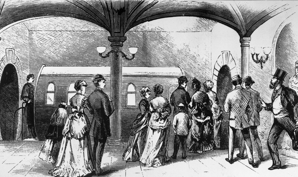 Illustration of people waiting for a passenger car at America's first subway station.