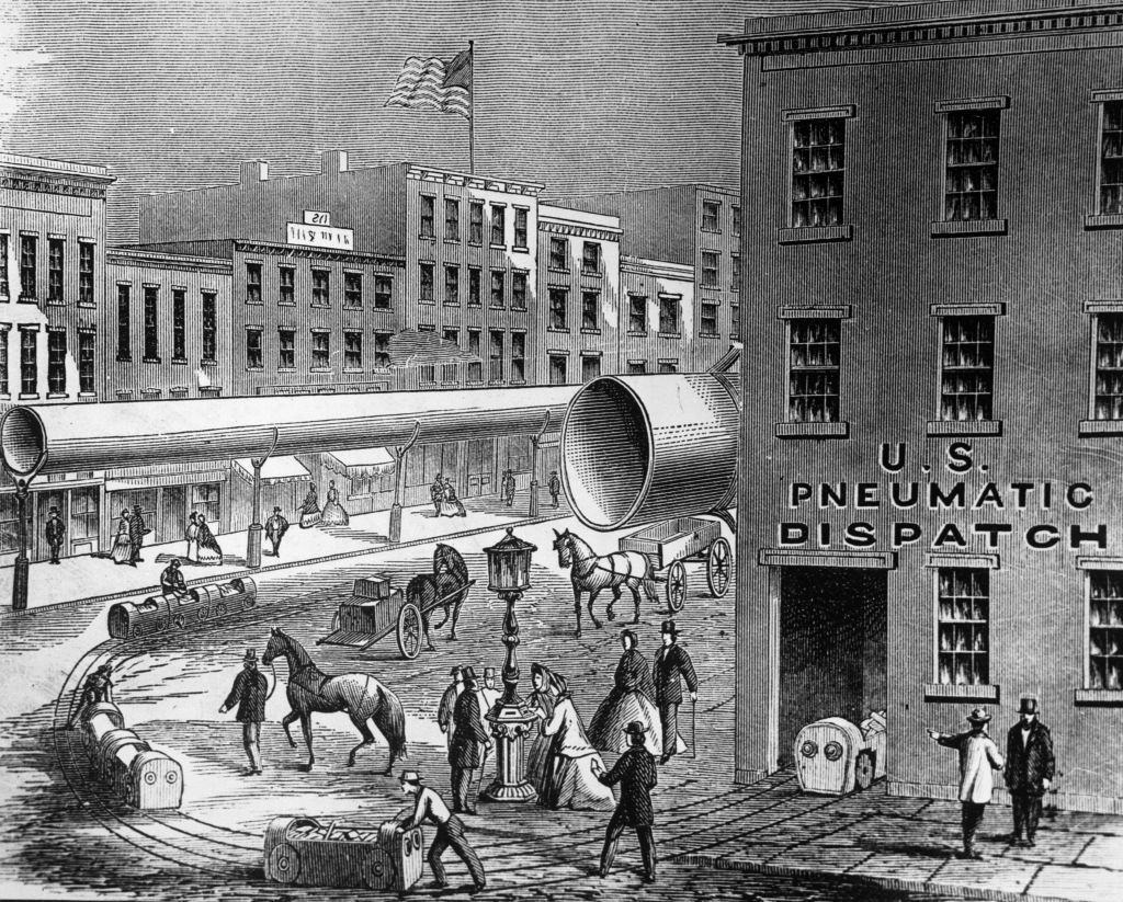 Illustration of Alfred E. Beach's 1868 design for a pneumatic elevated railway in New York City, also showing a proposed pneumatic mail dispatch system.