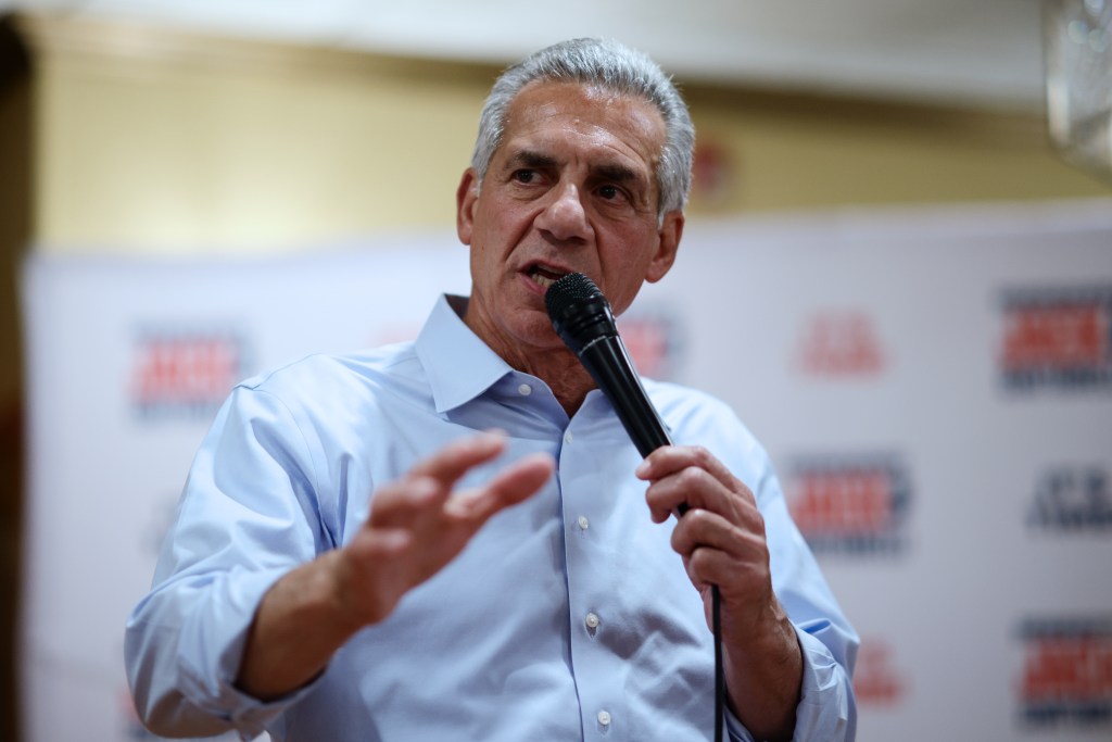 Republican candidate for governor Jack Ciattarelli speaking into a microphone.