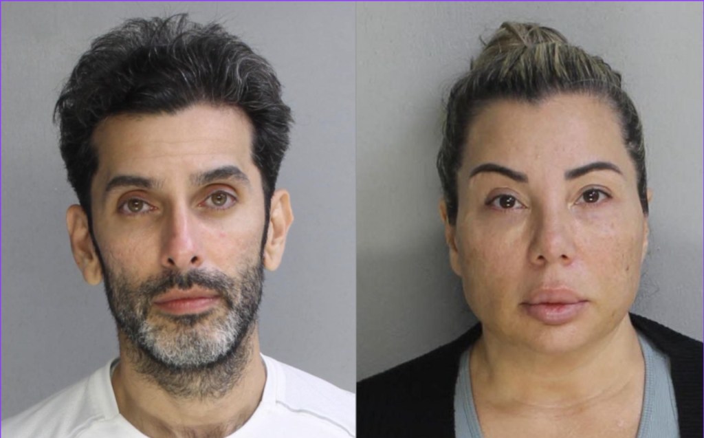 Booking photos of a man with dark hair and beard, and a woman with light brown hair pulled back.