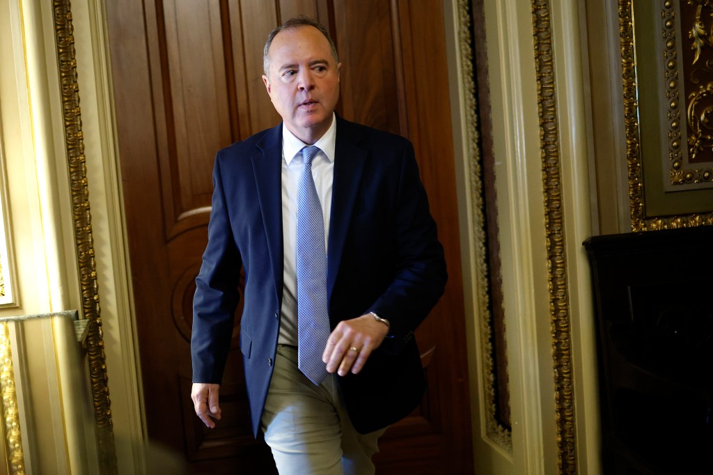 U.S. Sen. Adam Schiff leaves a Senate Democratic meeting at the U.S. Capitol Building.