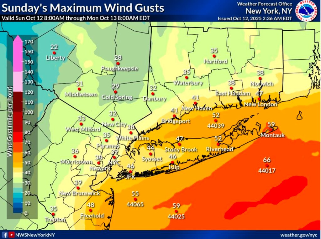 Weather map showing Sunday's maximum wind gusts in the New York region, with stronger gusts (orange/red) along the coast and weaker gusts (green) inland.