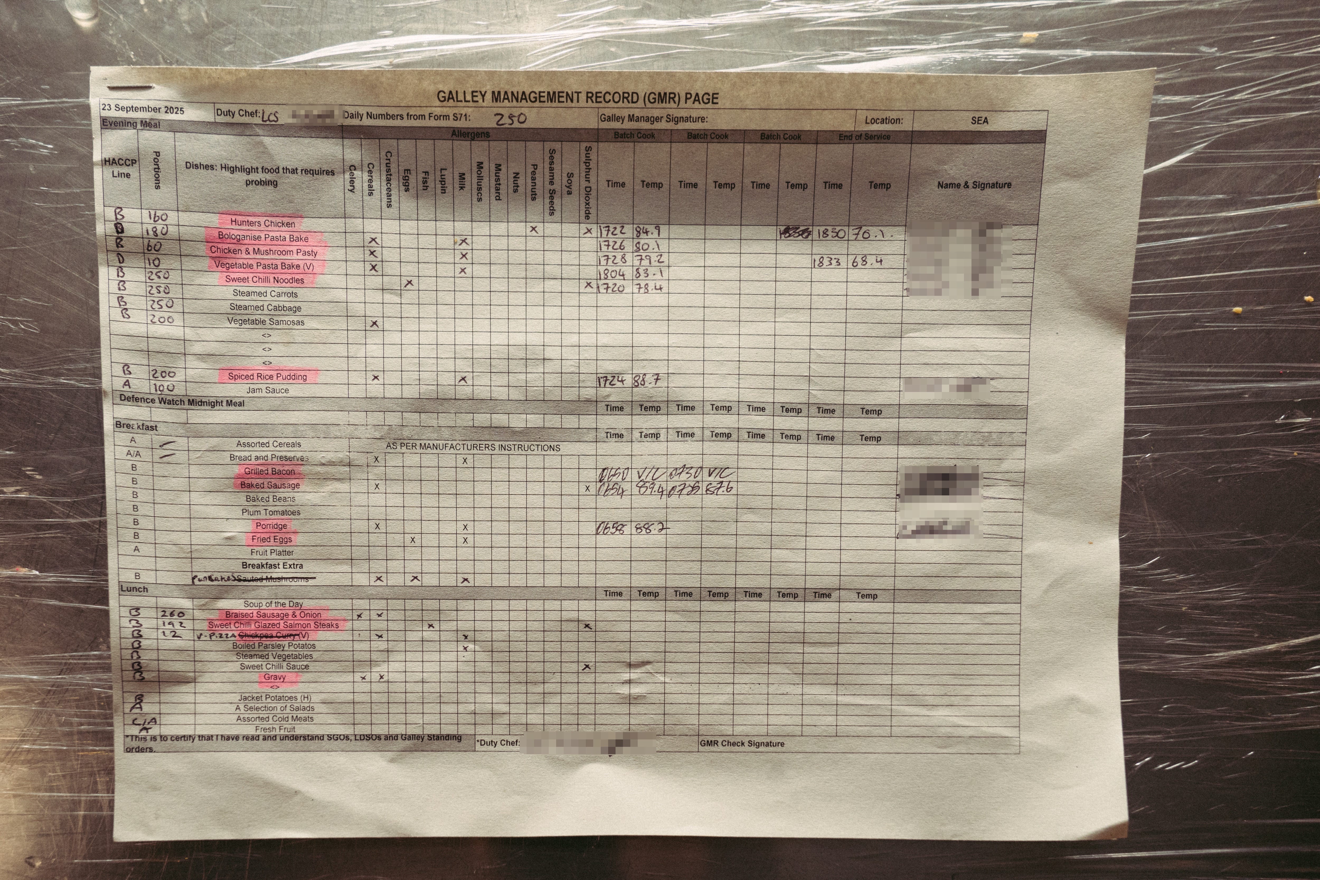 A chart shows temperature and allergen records for kitchen staff.