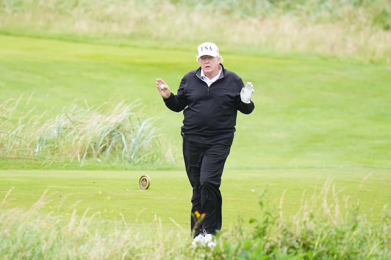US President Donald Trump plays golf at his Trump Turnberry golf course in South Ayrshire, during his five-day private trip to the country. Picture date: Sunday July 27, 2025. (Photo by Jane Barlow/PA Images via Getty Images)