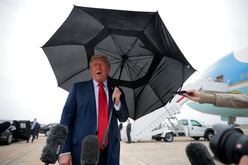 OINT BASE ANDREWS, MARYLAND - OCTOBER 12: U.S. President Donald Trump speaks to the press before boarding Air Force One for a trip to the Middle East on October 12, 2025 at Joint Base Andrews, Maryland. President Trump will address the Israeli Knesset in Jerusalem on Monday, followed by a "Gaza Peace Summit" in Sharm El-Sheikh, Egypt, after helping broker a ceasefire between Israel and Hamas. (Photo by Chip Somodevilla/Getty Images)