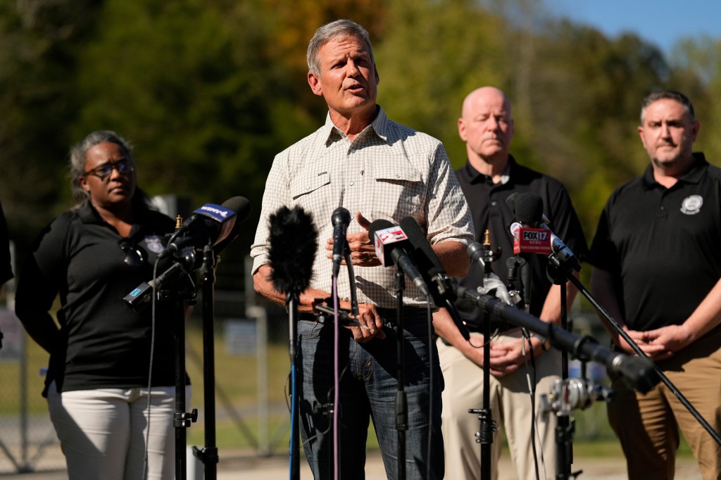 Gov. Bill Lee speaking at a news conference about the blast at Accurate Energetic Systems.
