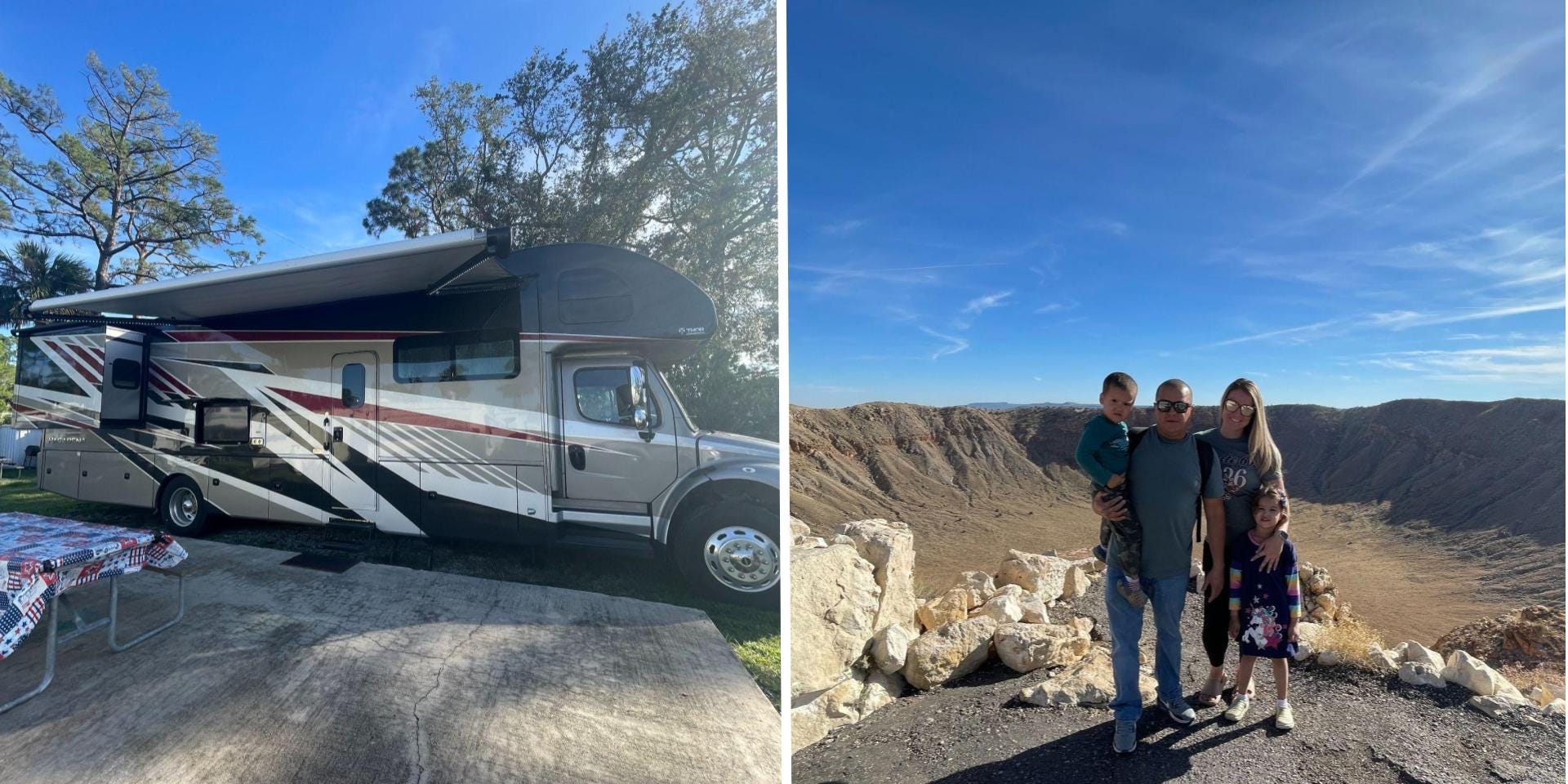 Side by side images of the Oquendo RV and the faily at Arizona's Meteor Crater.