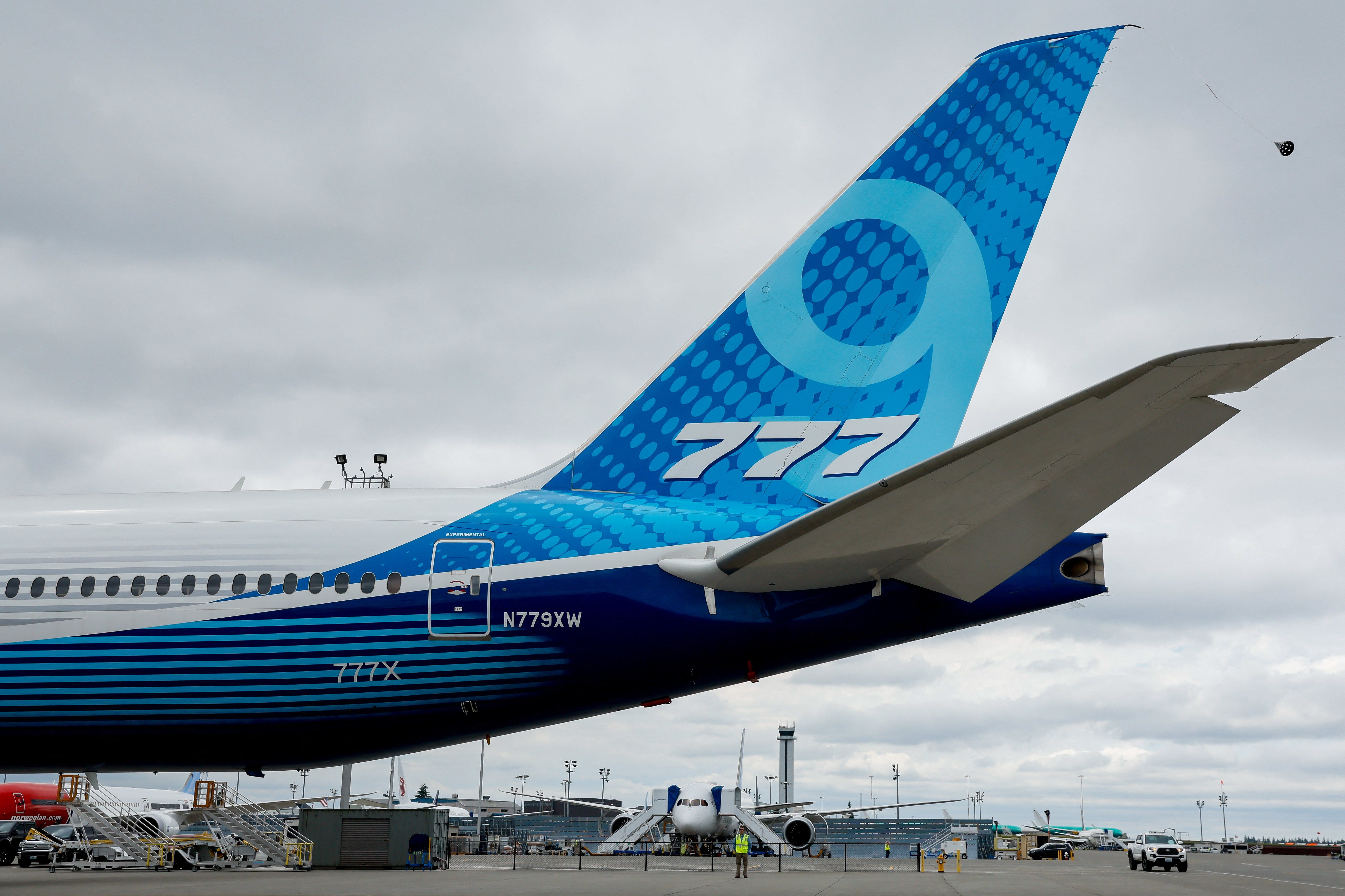 Tail of Boeing 777X test aircraft.