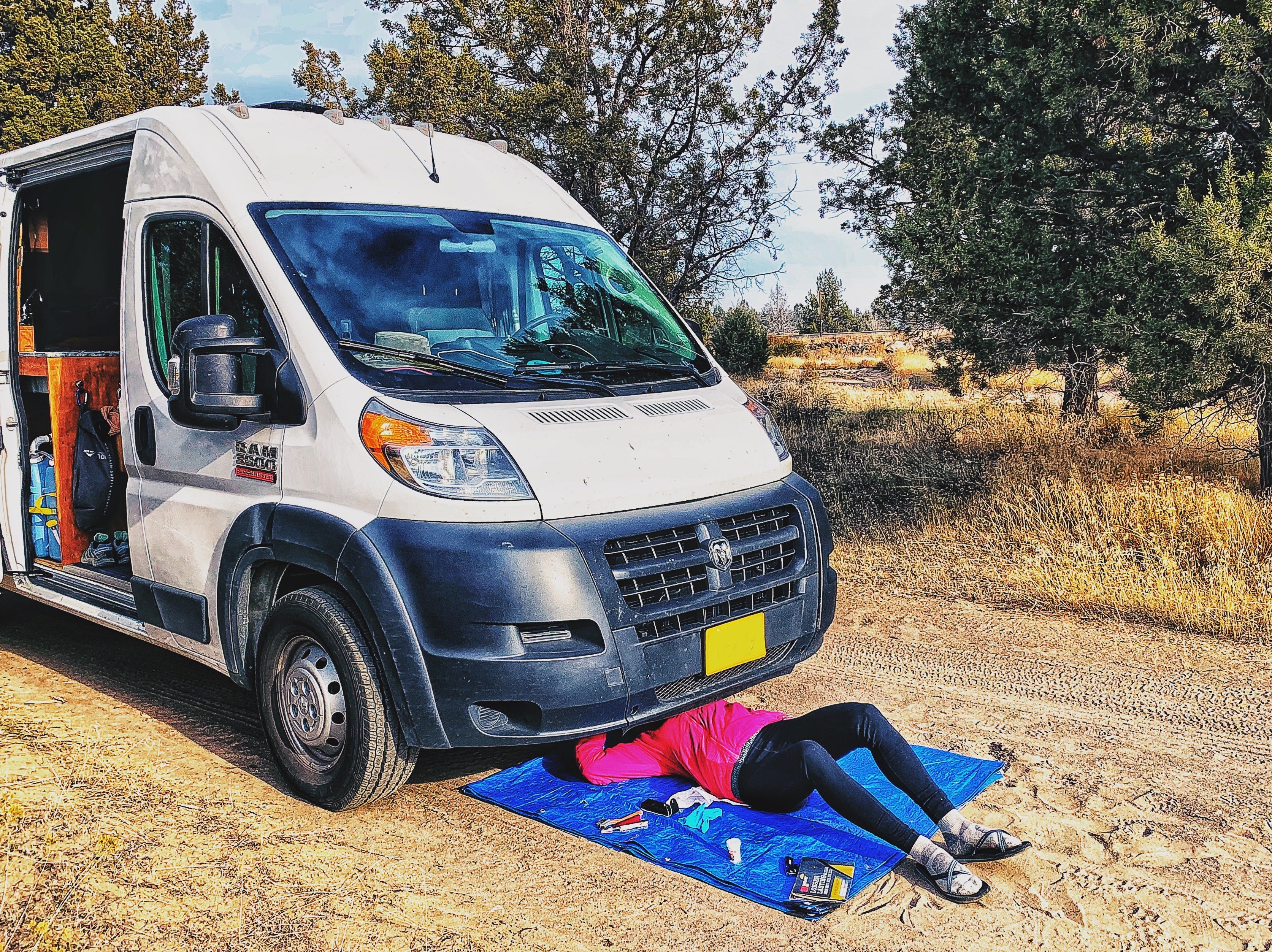 Woman with head below van