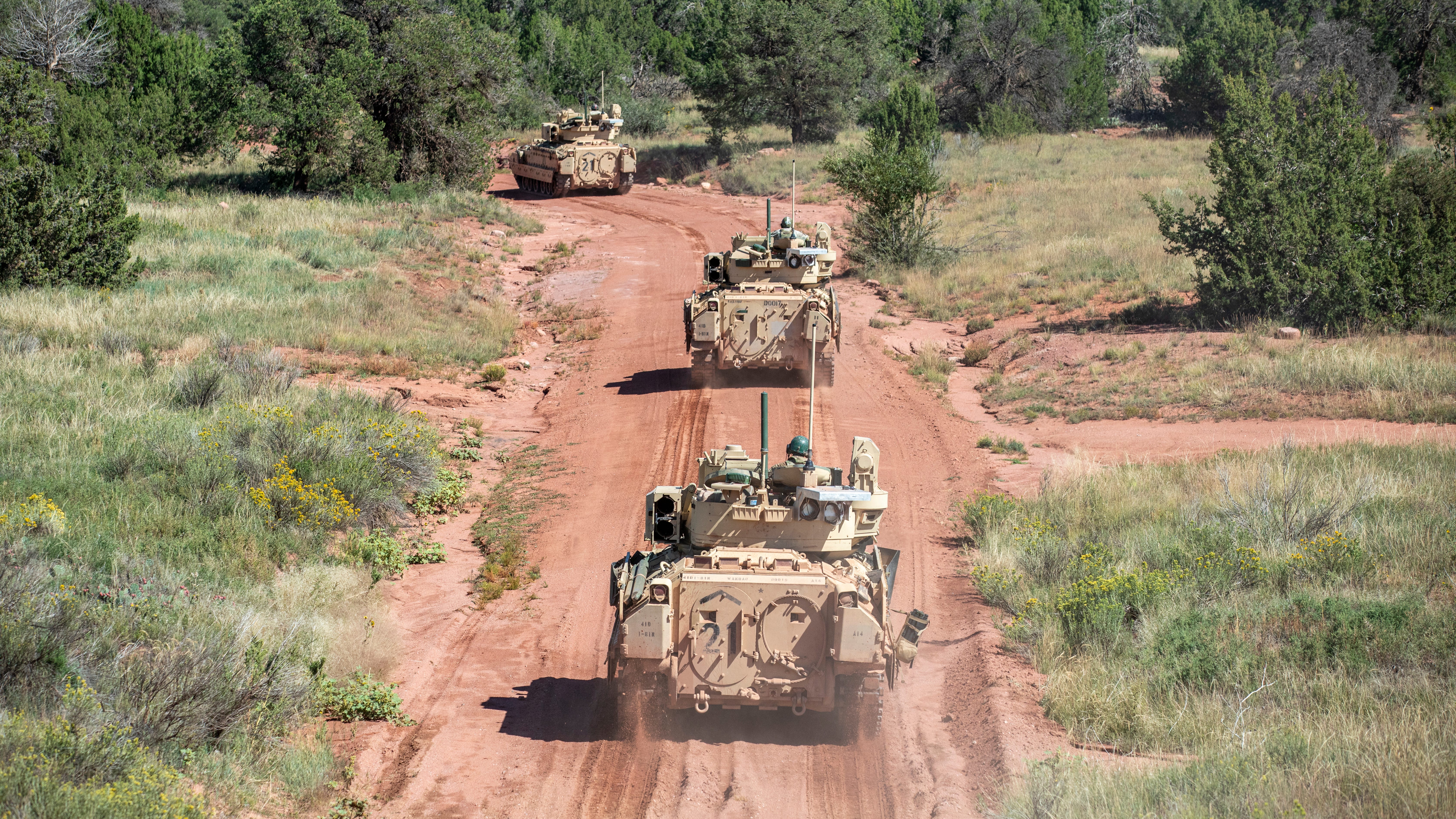 A line of armored vehicles drives down a red clay road surrounded by green bushes and trees.