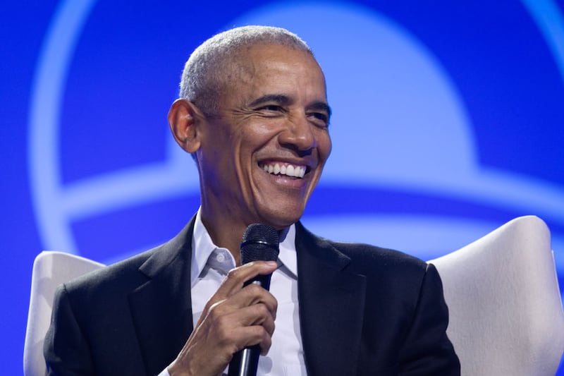 Former President Barack Obama moderates a conversation with Manu Meel, Co-Founder and CEO of BridgeUSA, Ainka Jackson, Founding executive director of the Selma Center for Nonviolence, Truth, and Reconciliation and Nika Kovač, Director of Slovenia-based Institute 8th of March during the Obama Foundation's 2024 Democracy Forum on December 05, 2024 in Chicago, Illinois. The 2024 Democracy Forum focused on 