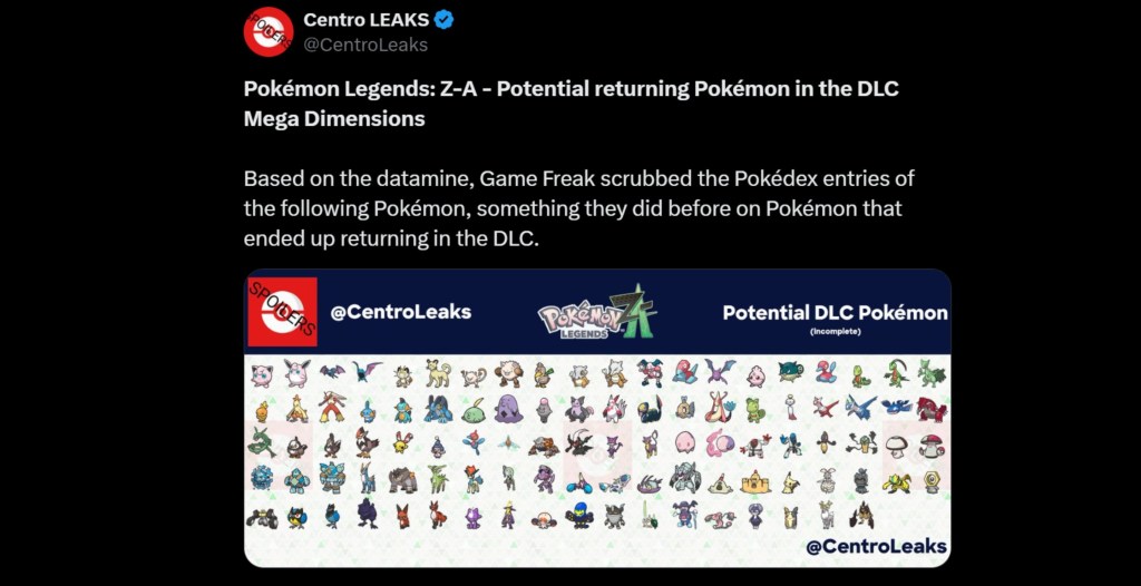 PLZA Mega Dimension DLC Leaked Pokédex